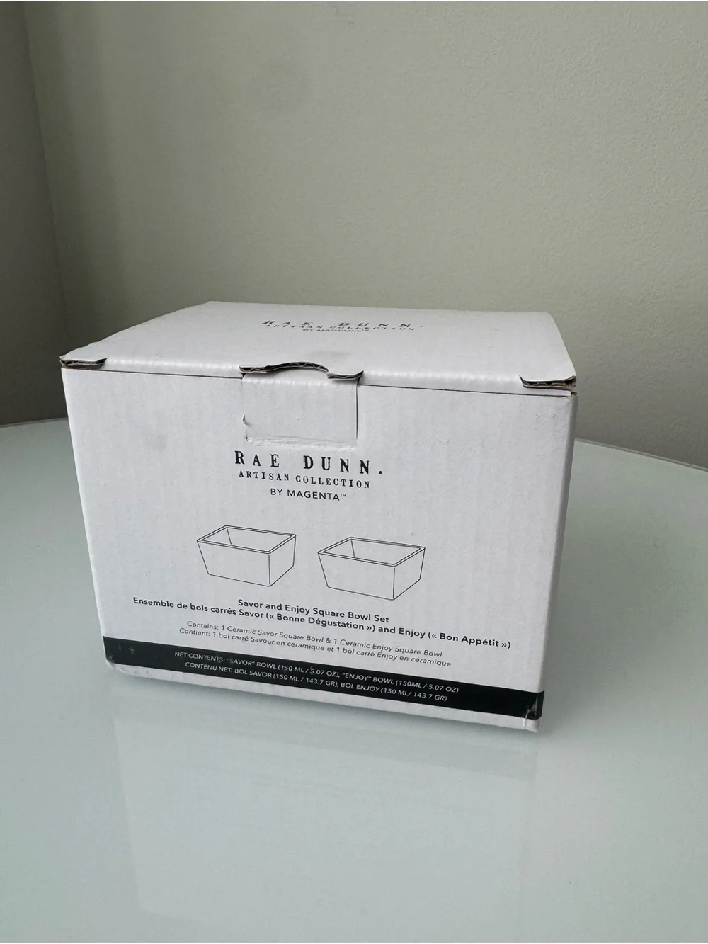 Rae Dunn Green White Ceramic Square Bowl with Black Script Savor Enjoy Boxed Set